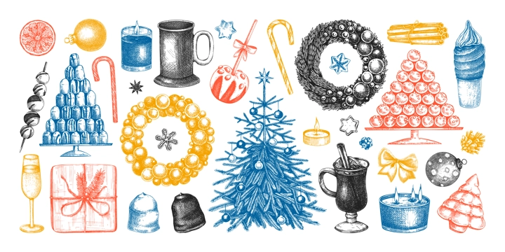 Christmas decoration elements. Hand drawn vector illustrations set. Winter holiday design. Christmas tree decoration, Christmas wreath, hot drinks, candies, cookies, sweets sketches